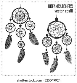 Hand-drawn with ink two dreamcatchers with feathers. Ethnic illustration, tribal, American Indians traditional symbol.