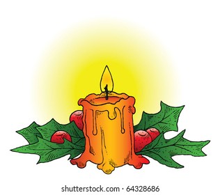 A hand-drawn ink vector of a Christmas candle adorned with holly. Eps 8 Vector.