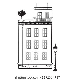 Hand-drawn ink vector. Cozy Italian house. Exterior sketch capturing a street. Stone-clad building with a balcony with trees shuttered windows chimneys and an antenna. lamppost line the street