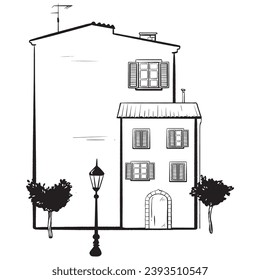 Hand-drawn ink vector. Cozy Italian house. Exterior sketch capturing a slice of the street. Building features doors shuttered windows chimneys and antennas. Trees and a lamppost line the street