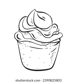 Hand-drawn ink vector. Delicious muffin topped with a swirl of whipped cream. Ideal for breakfast sweet brunch, and pastry enthusiasts. Perfect for bakeries cafes, restaurants, and menu decoration