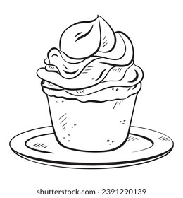 Hand-drawn ink vector. Delicious muffin topped with freshly whipped cream on a porcelain plate. for breakfast brunch or dessert. cupcake. for bakeries patisseries cafes restaurants and menu design