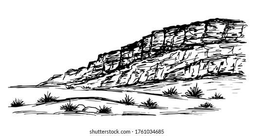 Hand-drawn ink vector drawing. Mountain landscape, desert terrain. Wildlife, travel, tourism, nature.