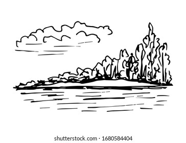 Dibujo vector de tinta dibujado a mano. Vida silvestre, cielo con nubes, árboles deciduos, arbustos, río tranquilo, orilla del lago. Paisaje, naturaleza, ecología, viajes. Para impresiones de tarjetas, etiquetas.