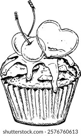 Hand-drawn ink vector illustration of a cupcake with cherries, dripping glaze and a caramel heart-shaped topper. Perfect for Valentine s Day, bakery designs or romantic food-themed projects