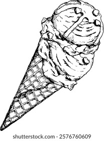 Handdrawn ink vector illustration of ice cream in a waffle cone with dripping icing and heart-shaped decorations. Perfect for summer, desserts or romantic food-themed designs, gelateria and cafe print