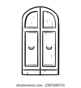 Hand-drawn ink vector. Italian wooden door with elegant wrought iron handles. Facade ornamentation. Closed entrance. Double oak doors. for logos sketches and exterior elements of homes and buildings