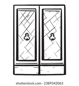 Hand-drawn ink vector. Italian wooden door with elegant wrought iron handles. Glass on the facade. Closed entry. Double oak doors. for logos, sketches, and exterior elements of homes and buildings