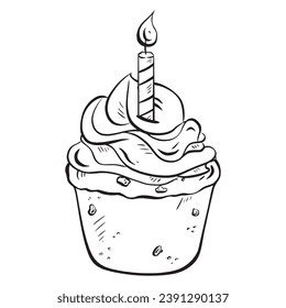 Hand-drawn ink vector. Muffin with a lit candle for celebrations. Cupcake with a topping for greetings. Mini cake for parties. Chocolate pastry. for bakeries, pastry shops, cafes, restaurants