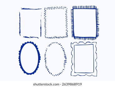 Hand-drawn ink vintage frames in a marine, coastal style. Curvy, trendy borders. Cute sketch isolated. Doodle decoration.