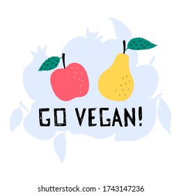 Inscripción dibujada a mano ¡Vamos vegano! con doodle manzana y pera. Ilustración vectorial aislada en un fondo blanco.