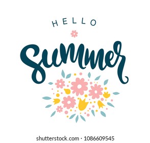 Hand-drawn inscription Hello Summer with flowers background. For invitation, poster or Sale banner, greeting card. Summer quotes. Vector illustration.