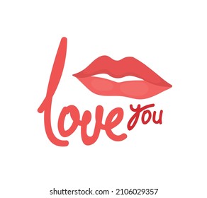 Hand-drawn inscription on Valentine's day. An air kiss of red lips. Vector isolated colorful element. 