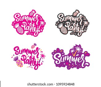 Hand-drawn inscription Summer party with palm trees and pineapples in the background. For invitation to a beach party, poster or banner. Vector illustration.