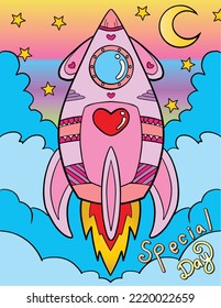 Hand-drawn with inspiration word, Special day. Rocket and cloud cartoon. Doodle art for Happy Valentine's day card or greeting card. Coloring book for adults and kids.