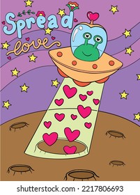 Hand-drawn with inspirational words, Spread love. Ufo, monster, space, and heart elements. Doodle art for Happy Valentine's day card or greeting card. Coloring book for adults and kids.