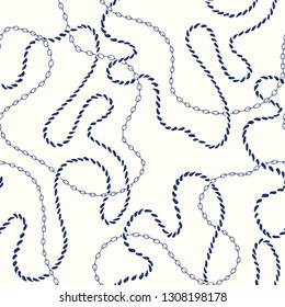 Hand  Drawn Intertwining Nautical Rope  Chains Vector Seamless Pattern  Monochrome Blue Marine Background