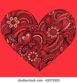 Hand-Drawn Intricate Henna Tattoo Paisley Heart Doodle Vector Illustration on Red Background