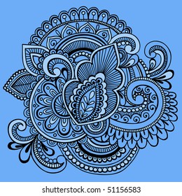 Hand-Drawn Intricate Mehndi Henna Tattoo Paisley Doodle- Vector Illustration on Blue Background