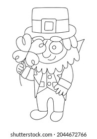 Hand-drawn irish leprechaun with a four-leaf clover in hand linear vector illustration