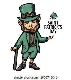 Hand-drawn irish 
leprechaun with green hat, red mustache and beard and clover. leprechaum. Saint patrick. Vector. Stickers. logo, Emblem.  isolated on white background.