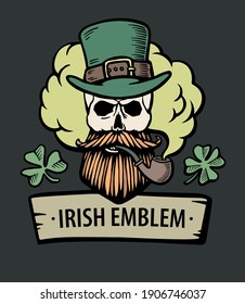 Hand-drawn irish skull with green hat, red mustache and beard and clover. leprechaum with pipe and cloud. Saint patrick. Vector. Stickers, logo, Emblem.  isolated on gray background.