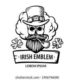 Hand-drawn irish 
skull with hat, mustache and beard and clover. leprechaum with pipe and cloud. Saint patrick. Vector. Stickers, logo, Emblem.  isolated on white background.