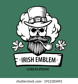 Hand-drawn irish 
skull with hat, mustache and beard and clover. leprechaum with pipe and cloud. Saint patrick. Vector. logo, Emblem.  isolated on white background.