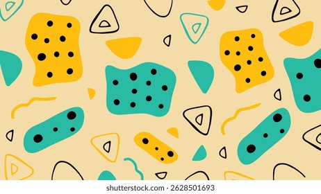 Hand-drawn irregular shapes with bold colors and dots on a soft beige background. Perfect for playful design work.