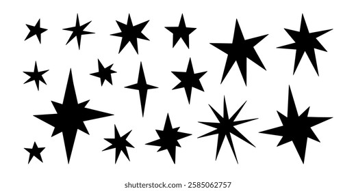Handdrawn irregular stars set. Perfect for logos, prints, stickers, social media, and creative designs. Vector unique, artistic, and versatile sharp stars and sparkles, isolated on white background. 