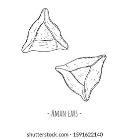 Hand-drawn isolated Aman ears. Traditional Purim dish. Vector cartoon illustration. 