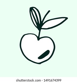 Hand-drawn isolated apple. Fruit isolated on green background.
Cartoon style.Doodle healthy food illustrations for decor design card,invitation,banner,poster,print,menu,child game. Vector artwork.