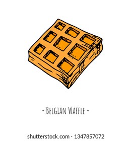 Hand-drawn isolated belgian waffle. Vector cartoon illustration. 