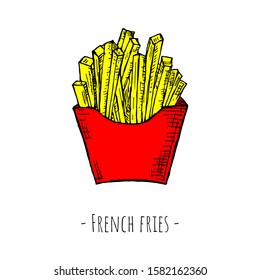 Hand-drawn isolated box of french fries. Vector cartoon illustration.