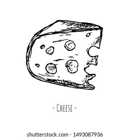 Hand-drawn isolated cheese. Vector cartoon illustration.