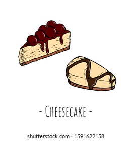 Hand-drawn isolated cheesecakes. Vector cartoon illustrations.