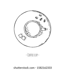 Hand-drawn isolated coffee cup on the plate with coffee beans and sugar. Vector cartoon illustration. Top view.