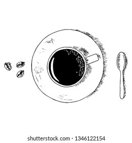 Hand-drawn isolated coffee cup, teaspoon and coffee beans. Vector cartoon illustrations.
