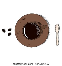 Hand-drawn isolated coffee cup, teaspoon and coffee beans. Vector cartoon illustrations.