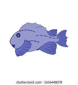 Handgezeichnete Vektorillustration für Aufkleber und Hemd. Cute Cartoon blauer Fisch.