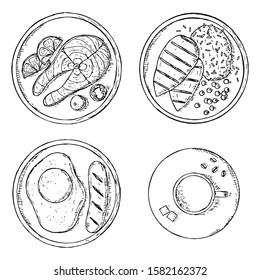 Hand-drawn isolated food plates and coffee cup. Vector cartoon illustrations. Top view.