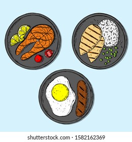 Hand-drawn isolated food plates. Vector cartoon illustrations. Top view.
