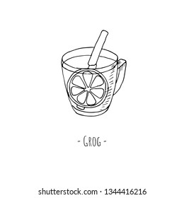 Hand-drawn isolated glass with grog. Vector cartoon illustration.