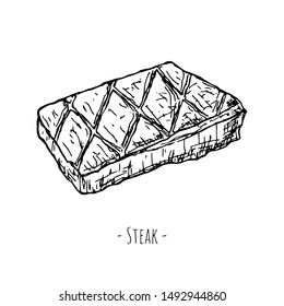 Hand-drawn isolated grilled steak. Vector cartoon illustration.