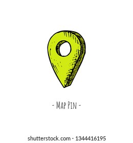 Hand-drawn isolated map pin. Vector cartoon illustration. Isolated object on a white background.
