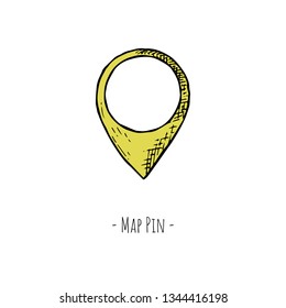 Hand-drawn isolated map pin. Vector cartoon illustration. Isolated object on a white background.