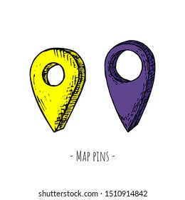Hand-drawn isolated map pin. Vector cartoon illustration. Isolated object on a white background.