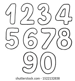 handdrawn isolated numbers from zero to nine, vector black thin line on a white background. monospaced characters with rounded edges. set of vector handwritten simbols. graphic elements for design