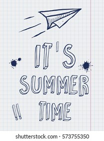 Hand-drawn isolated paper plane. Sketch on the school notebook. Summer time vector card.