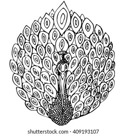 Hand-drawn isolated peacock-mandala with many fine details. 